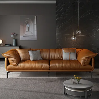 Итальянский легкий роскошный пуховый кожаный диван современная простая комбинация гостиной небольшой квартиры оранжевый кожаный художественный диван