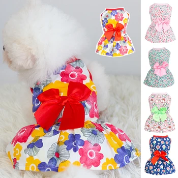 Летнее Маленькое цветочное платье для собак с бантом, платье принцессы для собак, юбка для собак, Весенние свадебные платья принцессы для собак, Одежда Йорка, платье для домашних животных