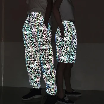 Мужские светоотражающие брюки с мультяшным принтом, отражающие свет, разноцветные грибные модные уличные брюки-карандаш в стиле хип-хоп