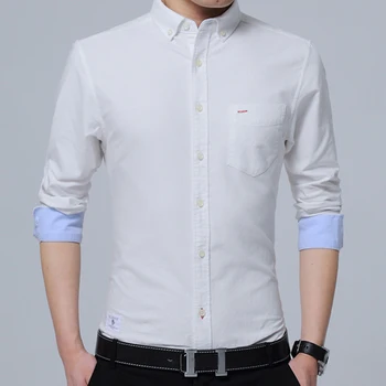 Новая высококачественная чисто-белая 100% хлопковая приталенная мужская Оксфордская рубашка с длинным рукавом, модная деловая Повседневная