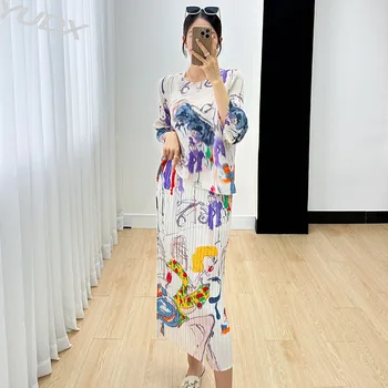 Женский костюм YUDX 2023, Осенний Новый Нишевый Ретро-принт, Высококачественный Модный Плиссированный топ Miyake + юбка-трапеция, Комплект из двух предметов