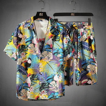 Мужской комплект, Гавайская Рубашка с коротким рукавом и Шорты, Летняя Повседневная Рубашка С цветочным Рисунком, Пляжный Костюм-двойка 2021, Новые Модные Мужские комплекты S-5XL
