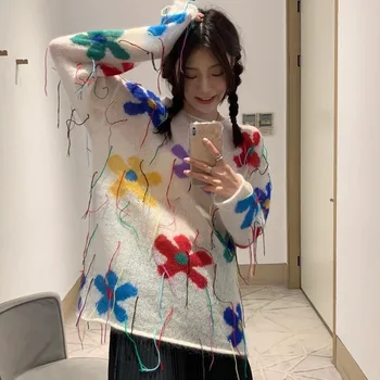 Женский свитер с кисточками, цветочный дизайн, пуловер свободного кроя, Корейская мода 2023 года выпуска