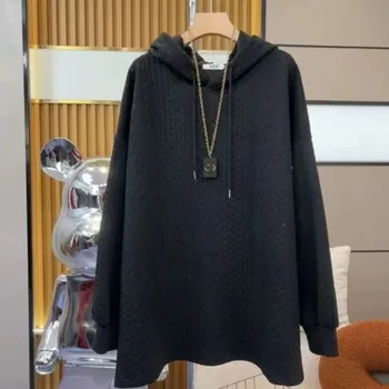 2023 Осенне-зимний женский однотонный пуловер с длинным рукавом и завязками с капюшоном, модный повседневный свитер для пригородных поездок, топы
