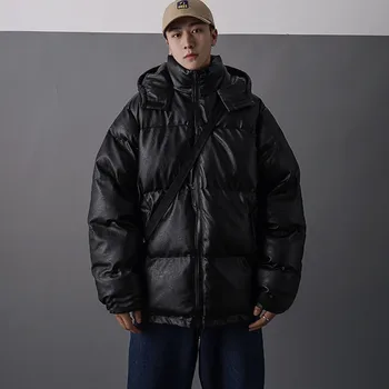 Мужская Японская уличная кожаная куртка 2023, мужские хип-хоп черные Зимние куртки с пузырями, пальто, пара Корейских пар