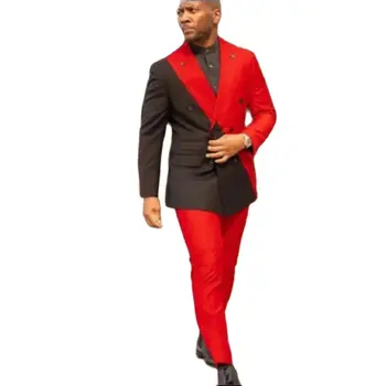 Мужские костюмы, черно-красная мужская одежда в стиле пэчворк, Двубортный смокинг для жениха на свадьбу, выпускной, смокинги для шафера, куртка + брюки на заказ из 2 предметов