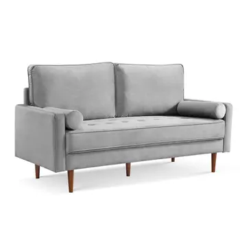 36,6 В x 68,9 Ш x 31,5 Г Серый диван с бархатной обивкой, двумя подушками-валиками и высокими деревянными ножками для мебели для гостиной